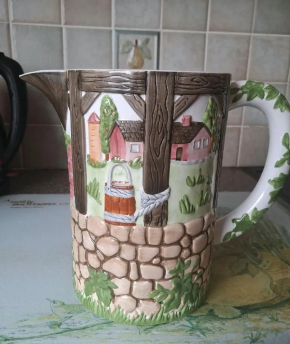 Rare Pair Johnson Bros Friendly Village 3D Pitcher - Image 3