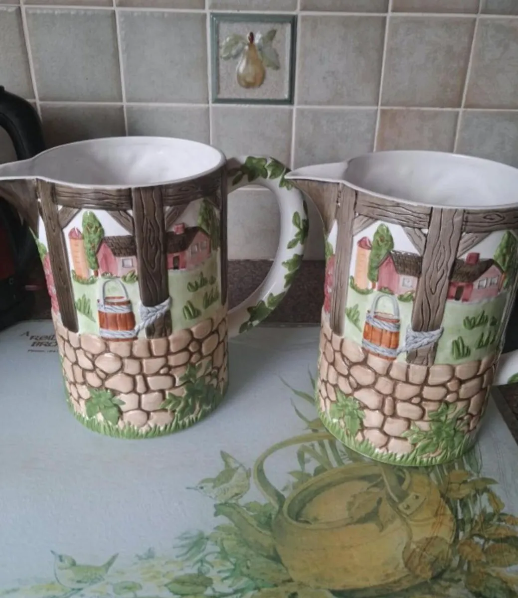 Rare Pair Johnson Bros Friendly Village 3D Pitcher - Image 1