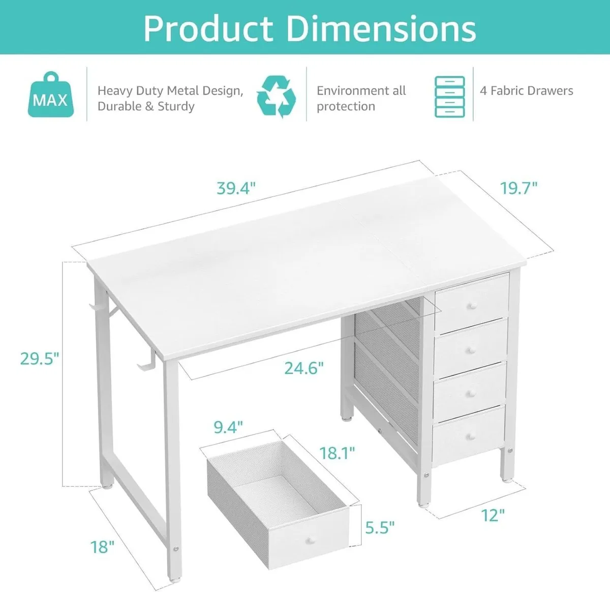 Small Desk with Fabric Drawers Kids Girls Teen - Image 3