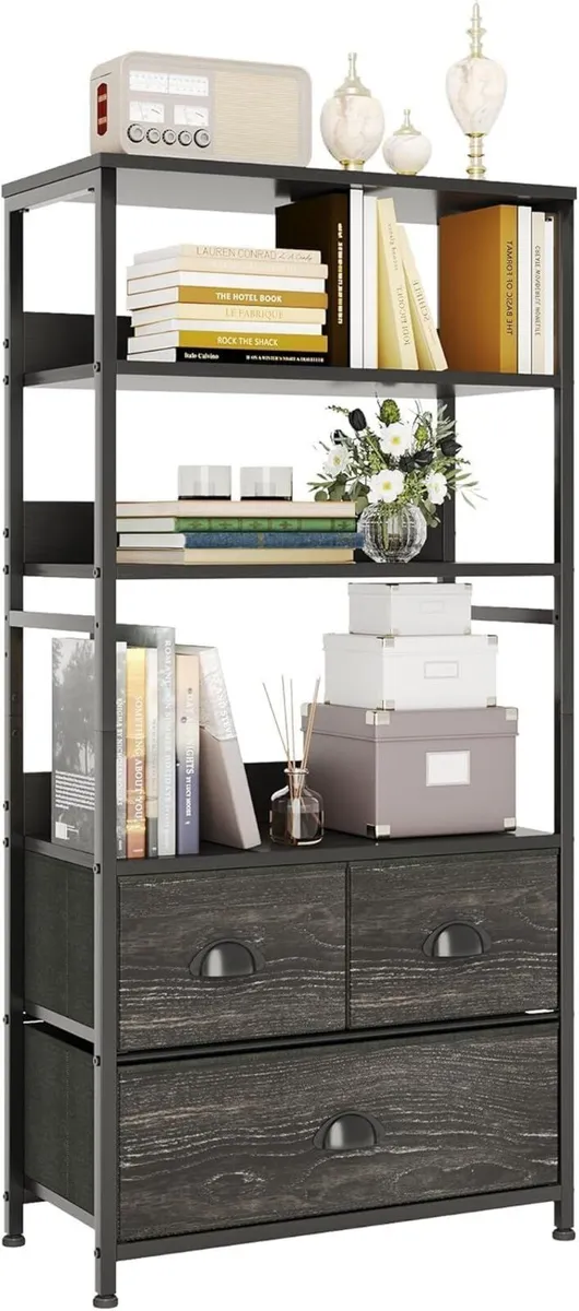 4-Tier Industrial Bookshelf with 3 Fabric Drawers - Image 1