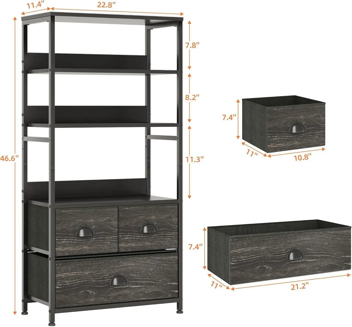 4-Tier Industrial Bookshelf with 3 Fabric Drawers - Image 3