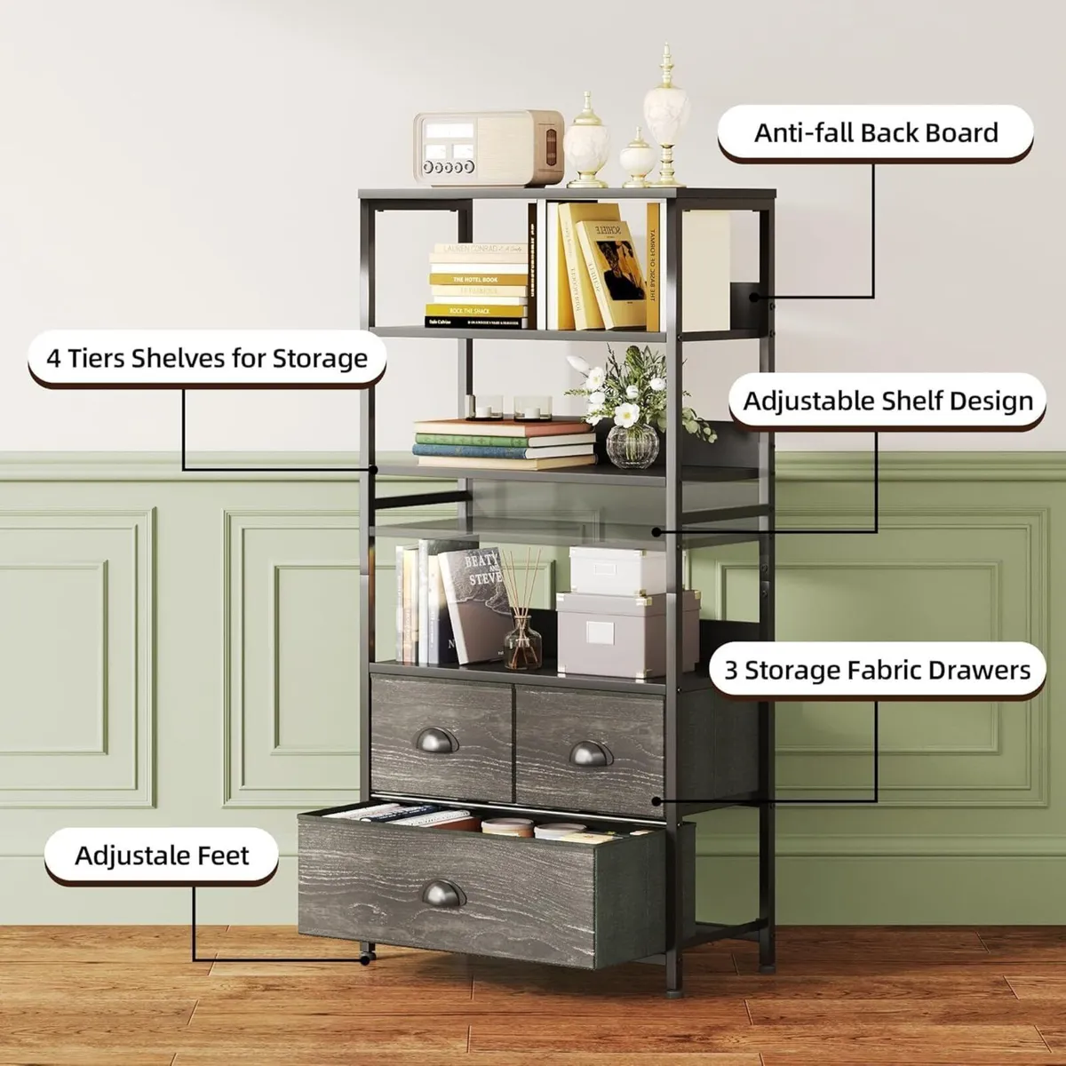 4-Tier Industrial Bookshelf with 3 Fabric Drawers - Image 4