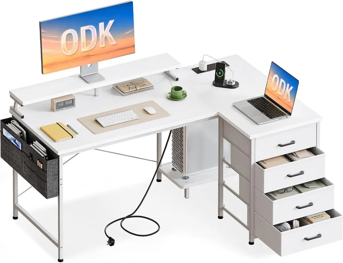 L Shaped Computer Desk with Drawers Monitor Stand - Image 1