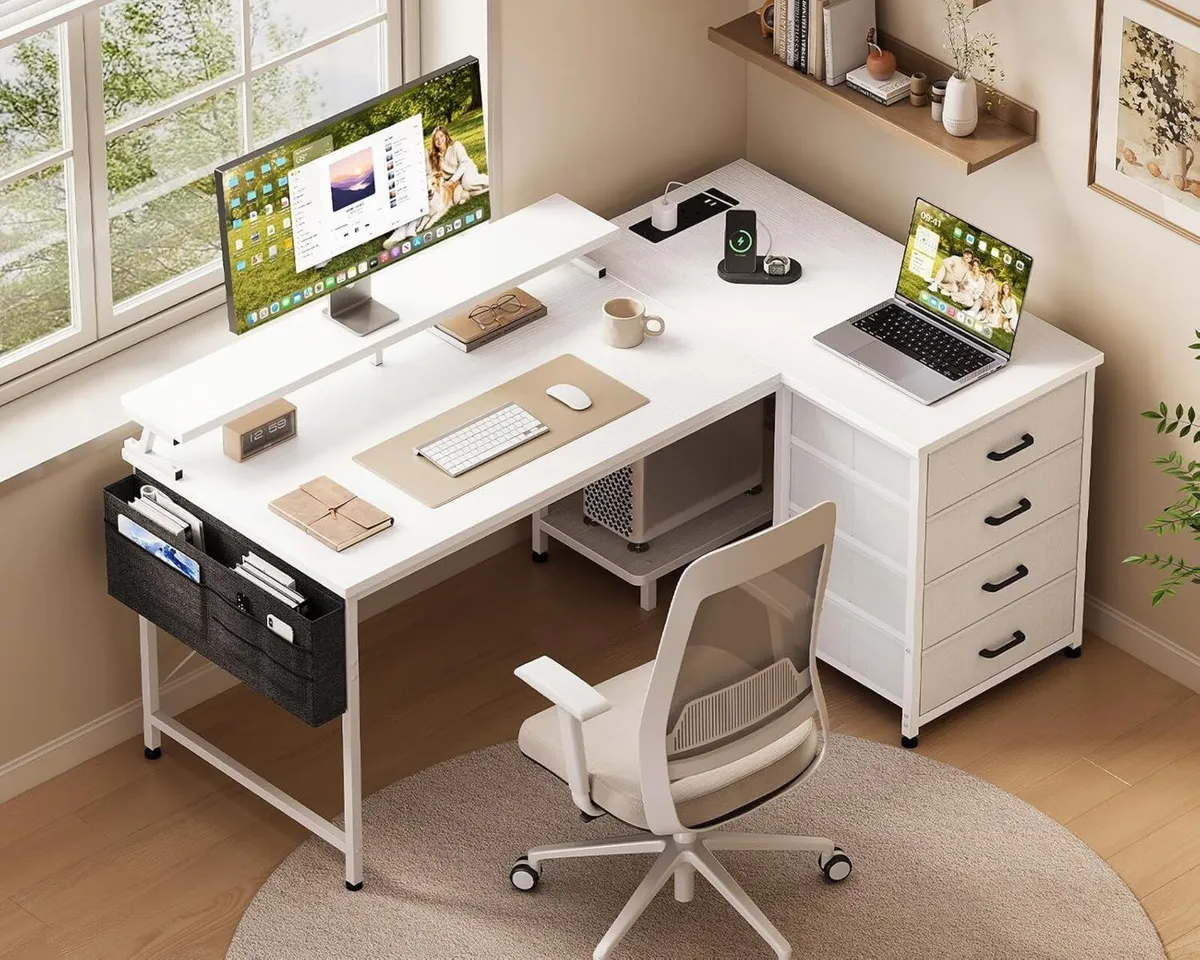 L Shaped Computer Desk with Drawers Monitor Stand - Image 2