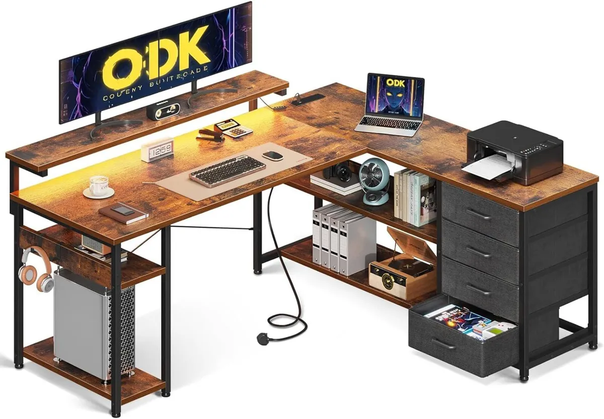L Shaped Corner Desk with Drawers Power Outlet - Image 1