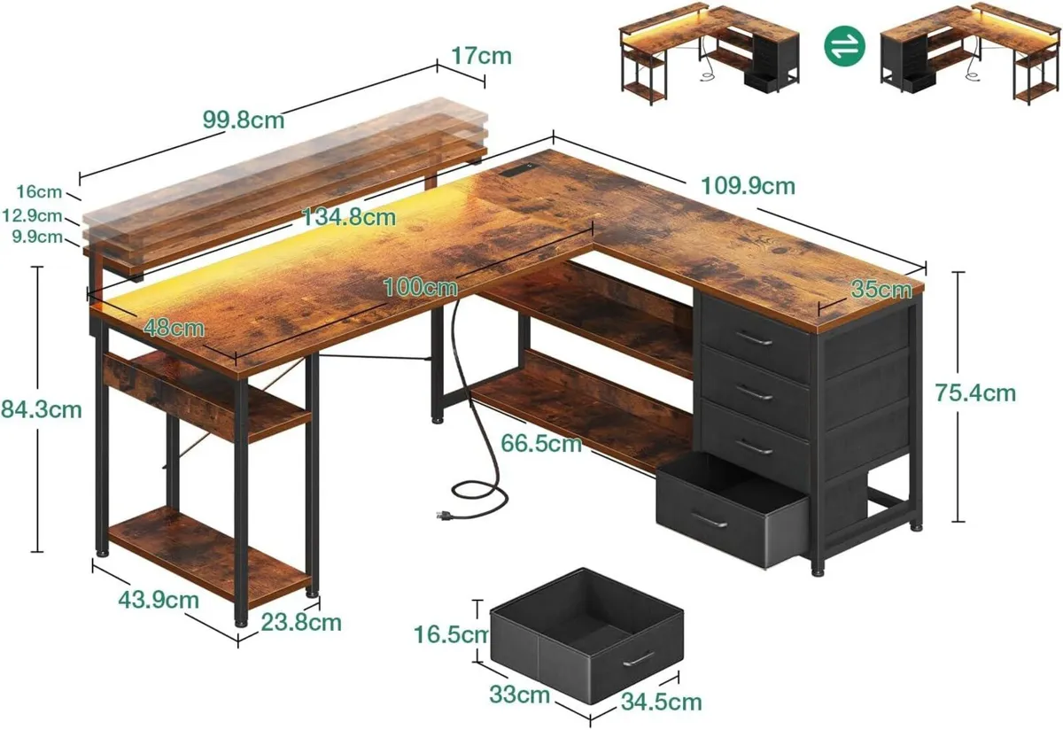 L Shaped Corner Desk with Drawers Power Outlet - Image 3