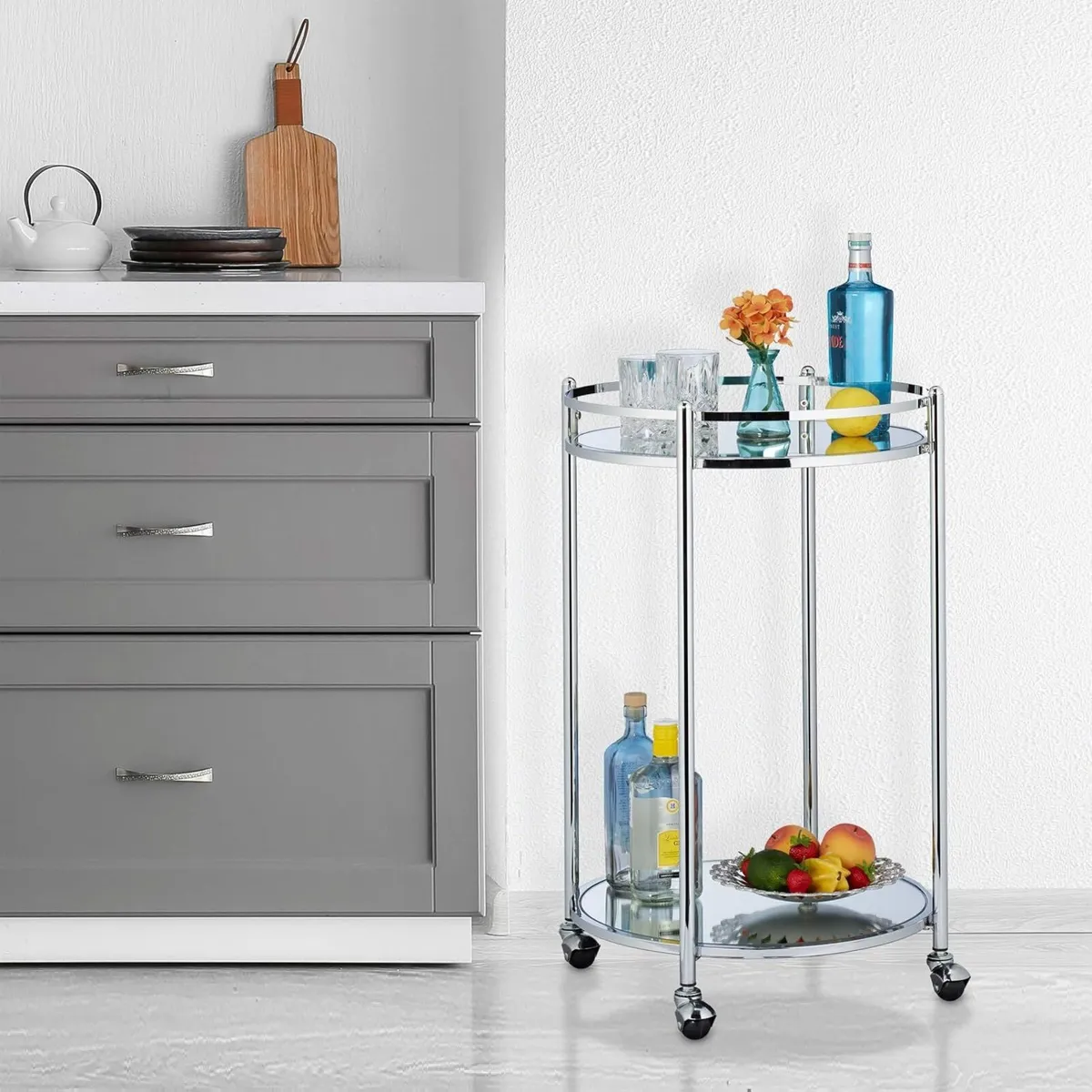 Kitchen Trolley Round Serving Bar with 2 Shelves - Image 2