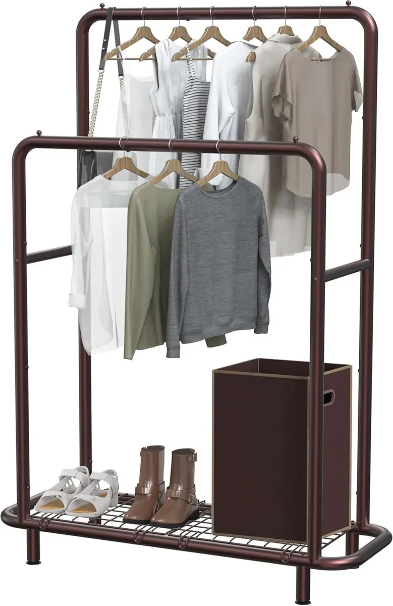 Double Rod Clothing Garment Rack with Bottom - Image 1