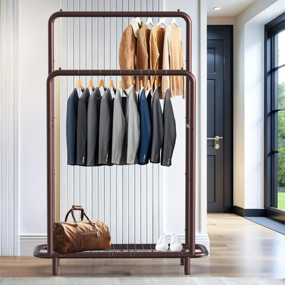 Double Rod Clothing Garment Rack with Bottom - Image 2