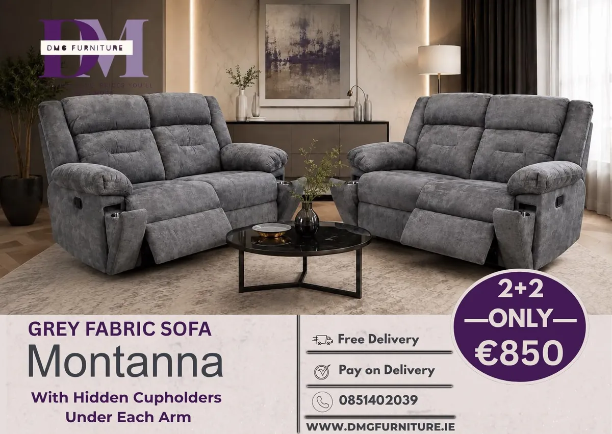 New 2+2 Montana Grey Fabric Recliner Sofa