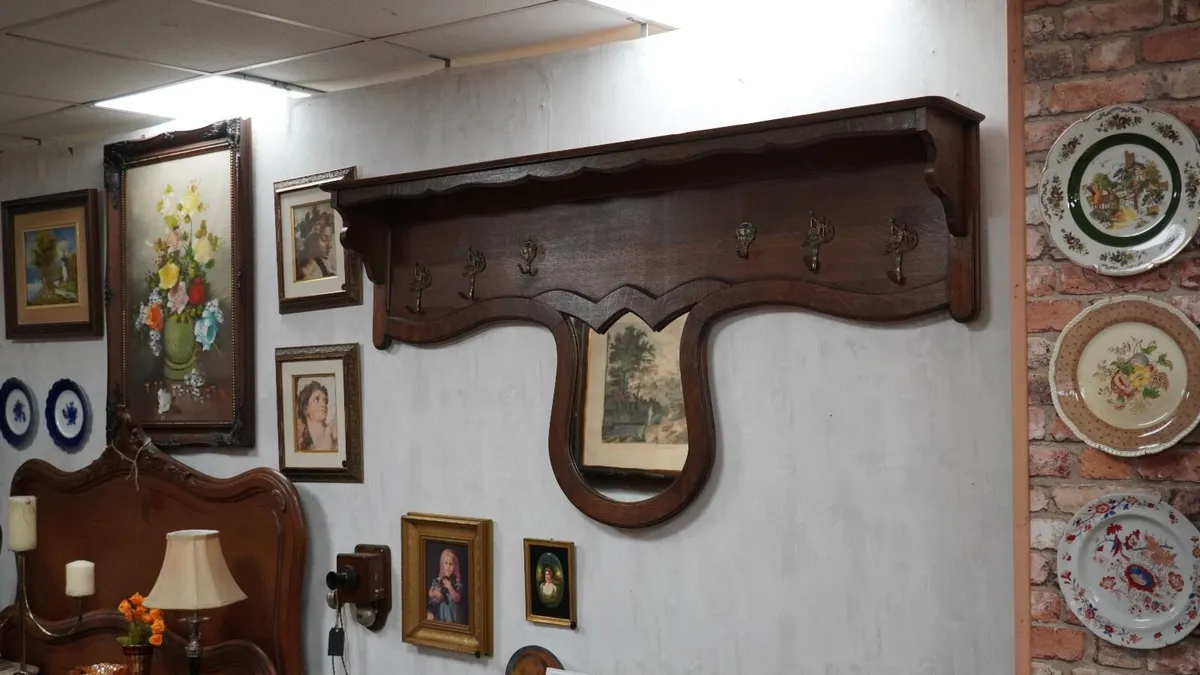 Antique French Oak Wall Coat Rack with Mirror - Image 1