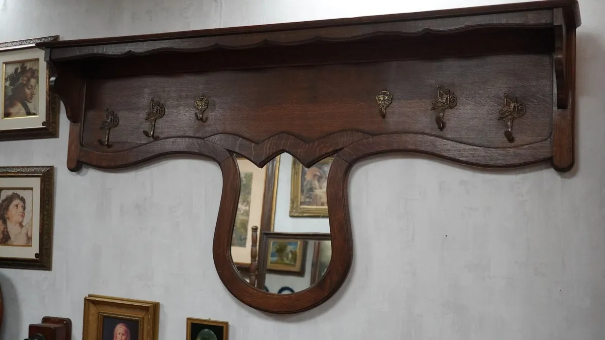 Antique French Oak Wall Coat Rack with Mirror - Image 2