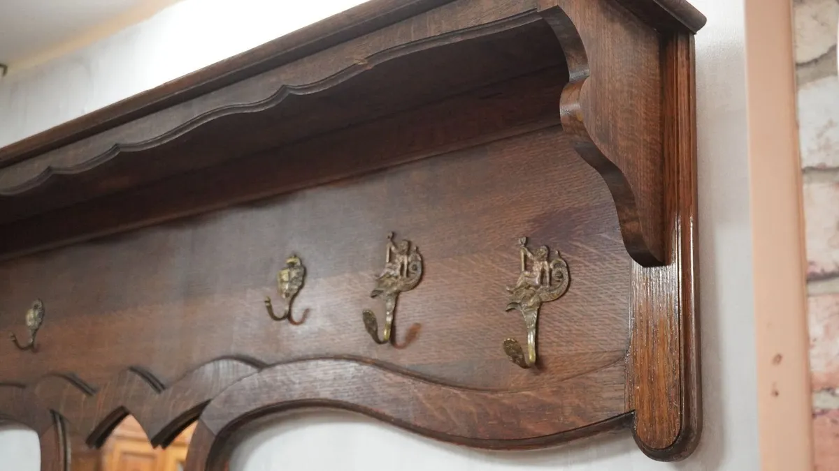 Antique French Oak Wall Coat Rack with Mirror - Image 3
