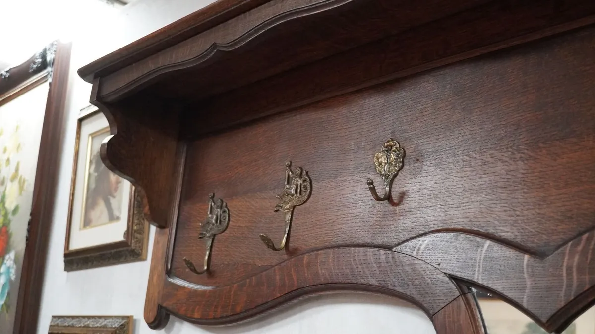 Antique French Oak Wall Coat Rack with Mirror - Image 4