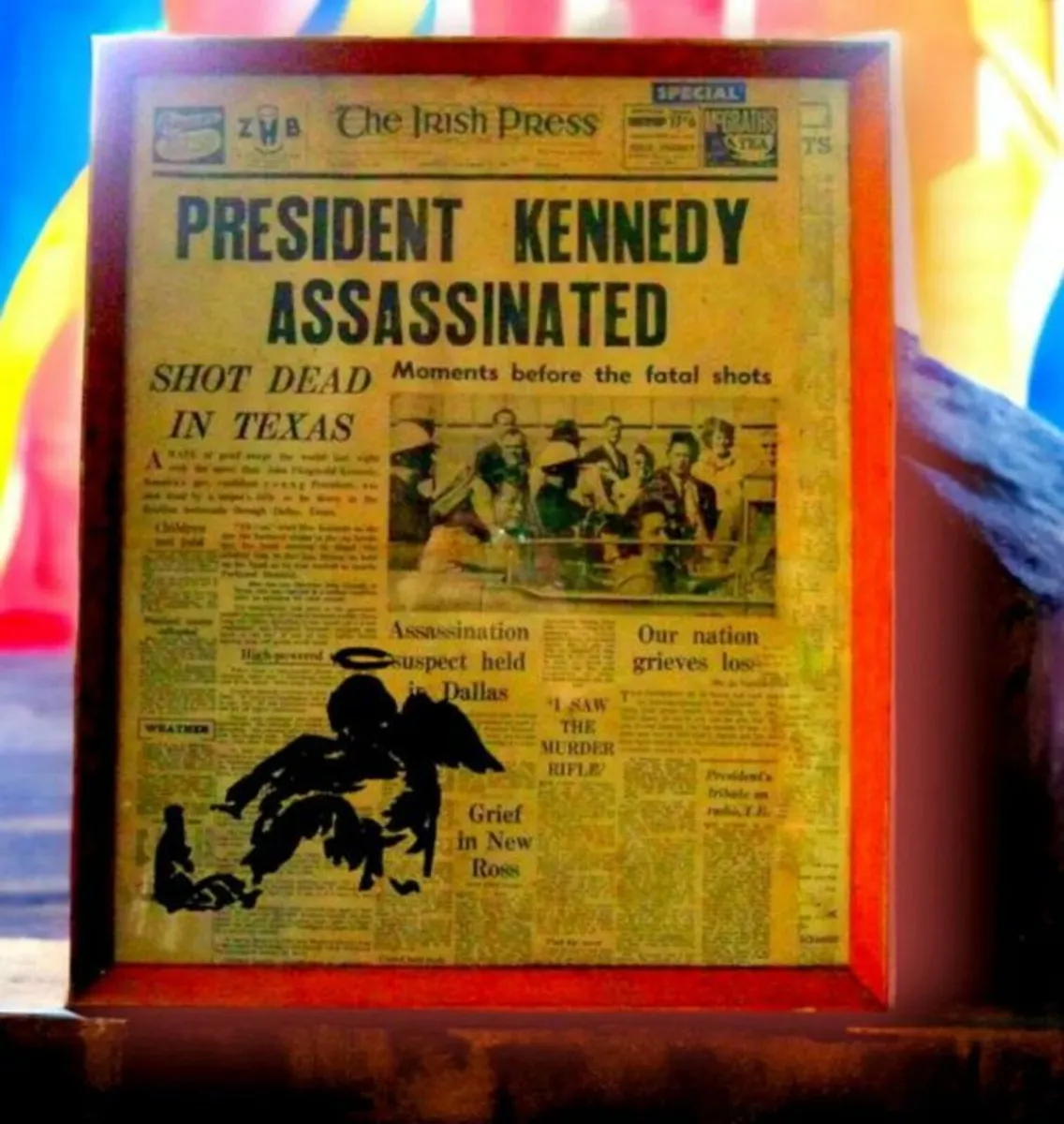 Framed Vintage JFK Assassination Newspaper Art - Image 1