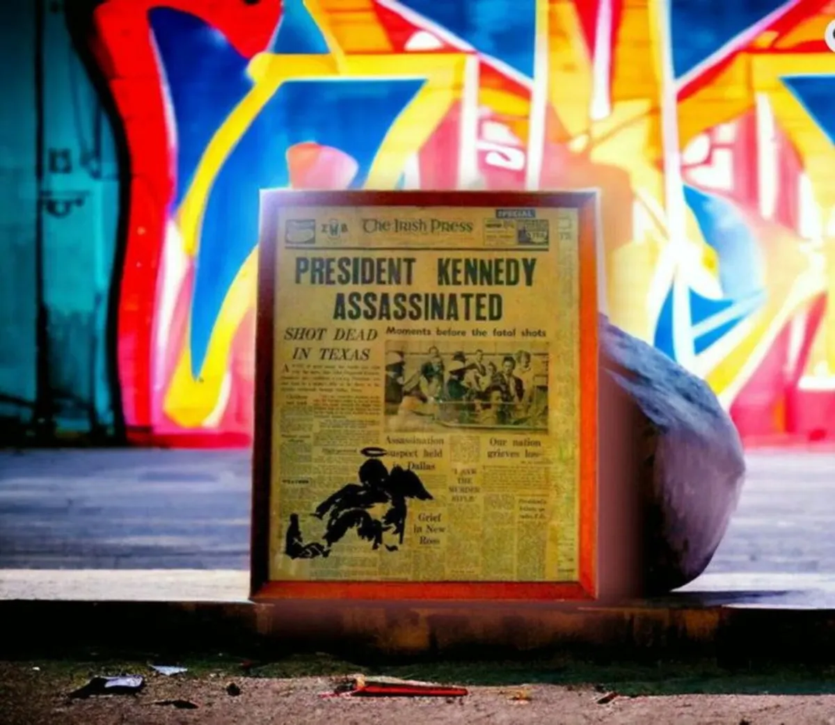 Framed Vintage JFK Assassination Newspaper Art - Image 2