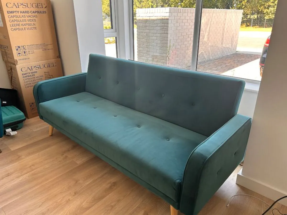 Light Teal Velvet 3 Seater Sofa Bed - Image 1