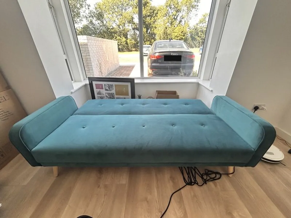 Light Teal Velvet 3 Seater Sofa Bed - Image 3
