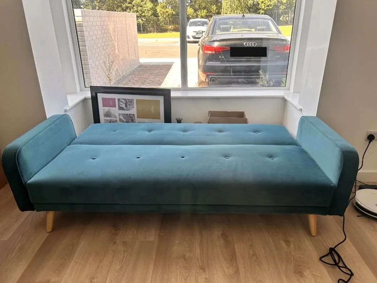 Light Teal Velvet 3 Seater Sofa Bed - Image 4