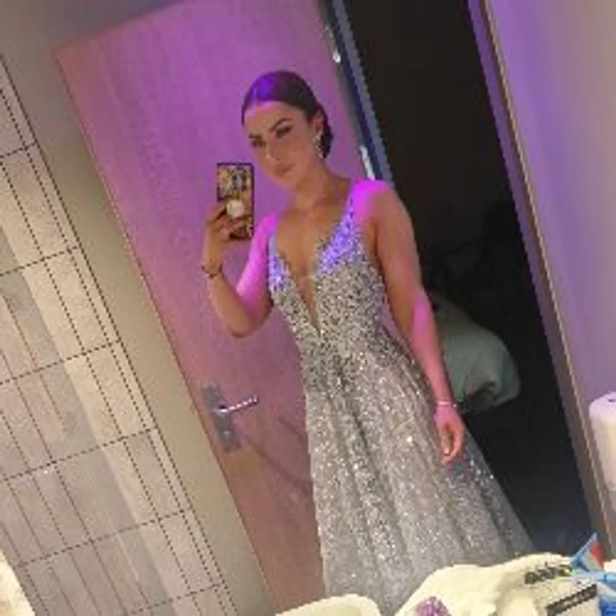 Stunning silver low back formal dress with lace & glitter detail - Image 1