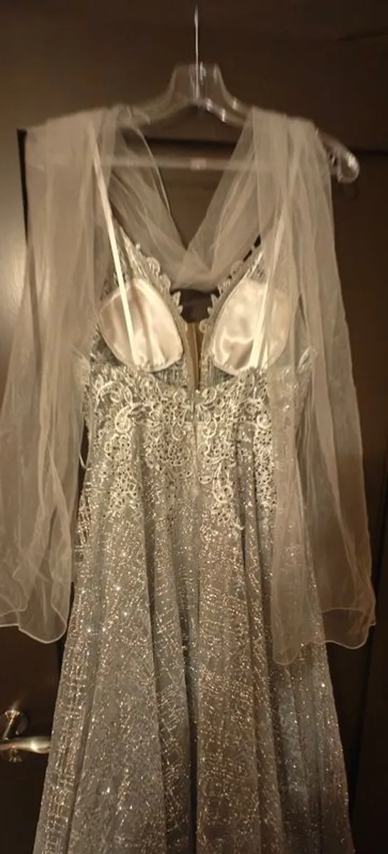 Stunning silver low back formal dress with lace & glitter detail - Image 2