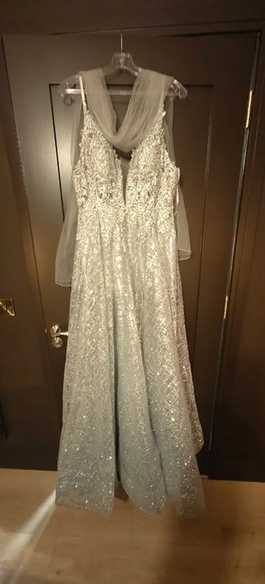 Stunning silver low back formal dress with lace & glitter detail - Image 3