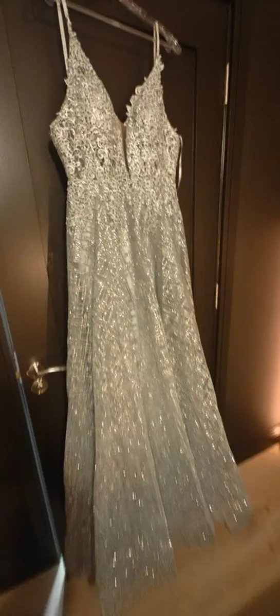 Stunning silver low back formal dress with lace & glitter detail - Image 4