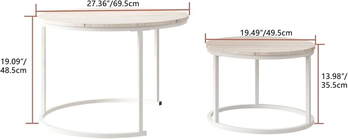 Round Coffee Table Living Room Oak Nesting Metal - Image 2