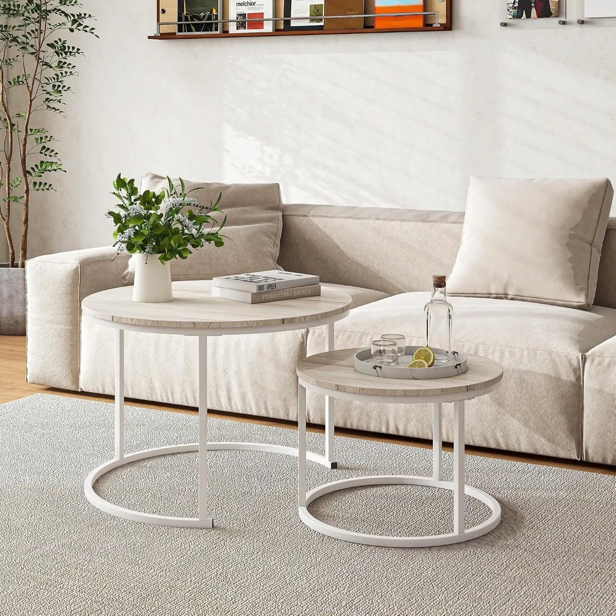 Round Coffee Table Living Room Oak Nesting Metal - Image 3