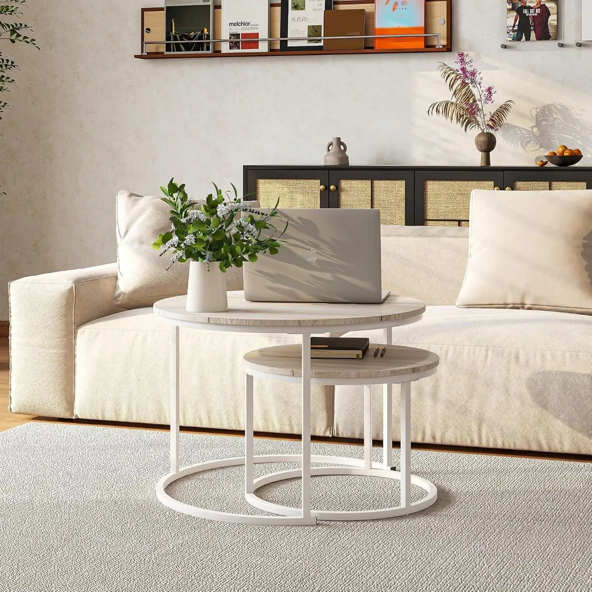 Round Coffee Table Living Room Oak Nesting Metal - Image 4