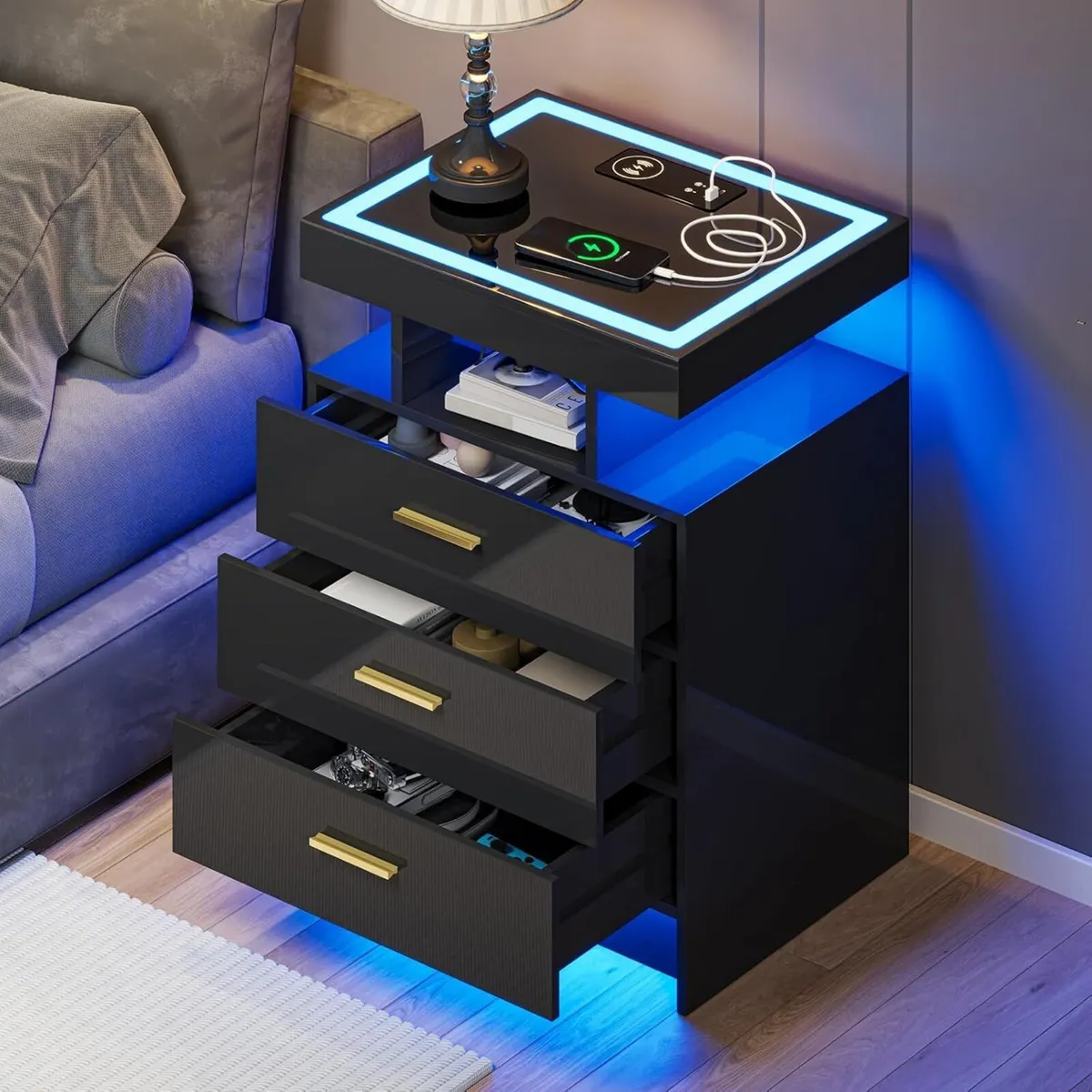 LED Bedside Table with Glass Top and 3 - Image 1