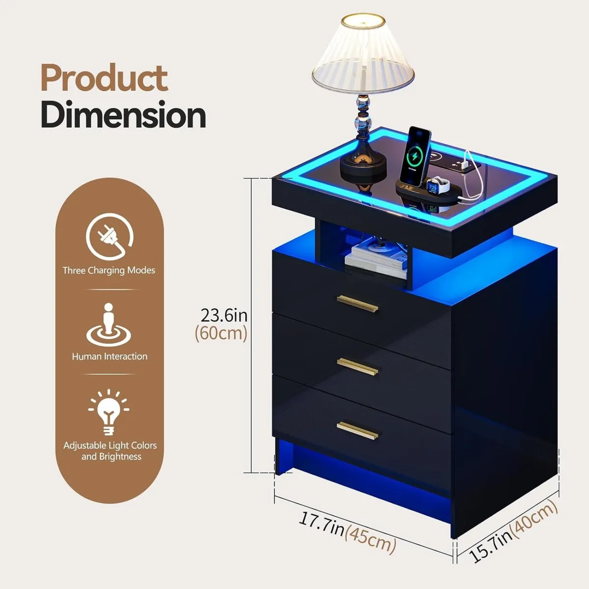 LED Bedside Table with Glass Top and 3 - Image 2
