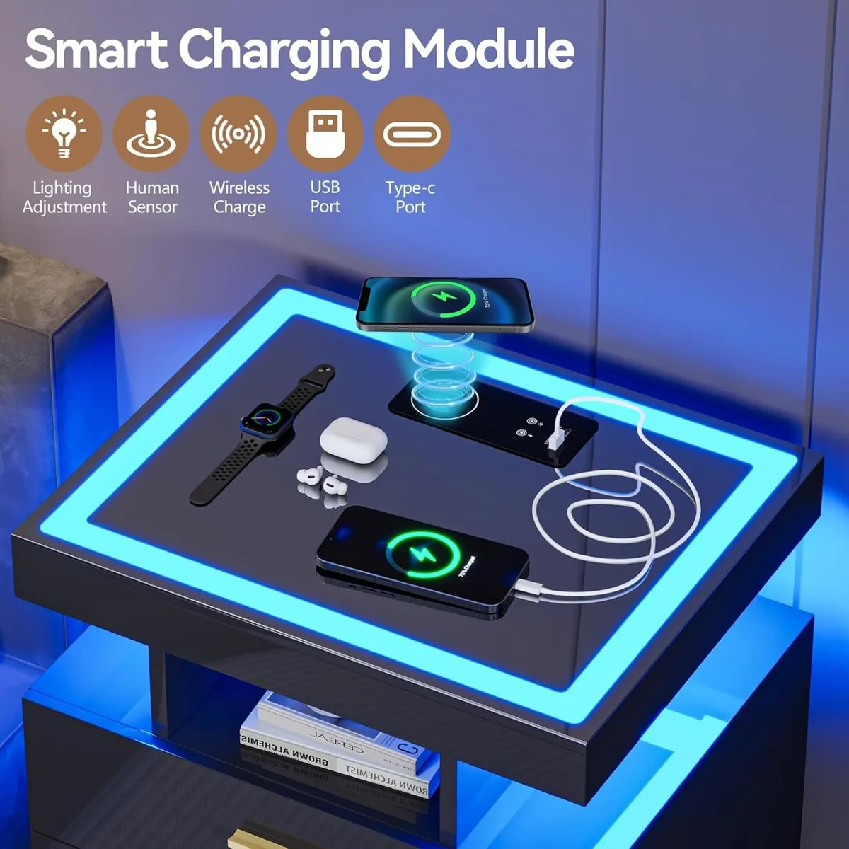 LED Bedside Table with Glass Top and 3 - Image 3