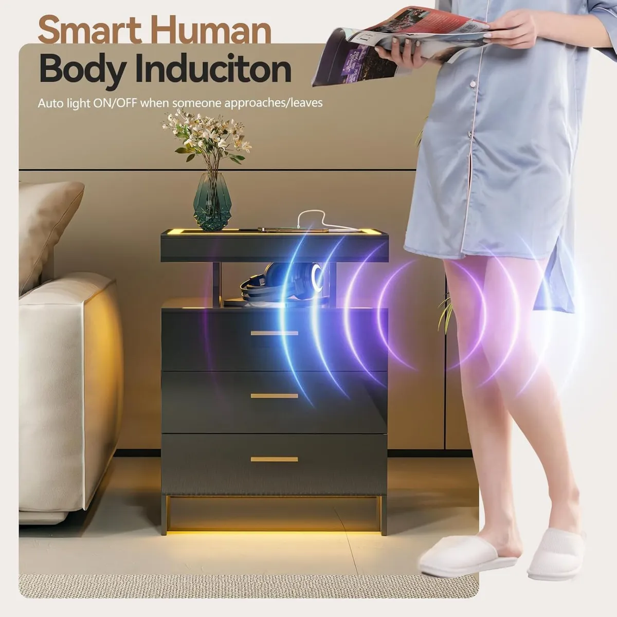 LED Bedside Table with Glass Top and 3 - Image 4