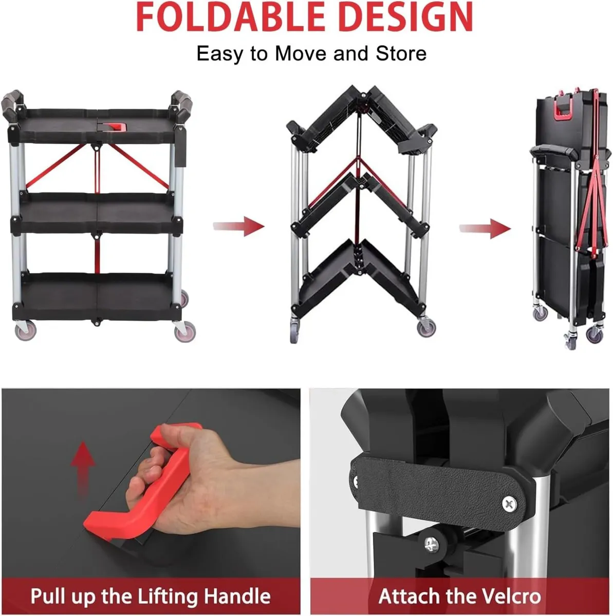 3-Tier Service Carts Folding Rolling Utility Cart - Image 3