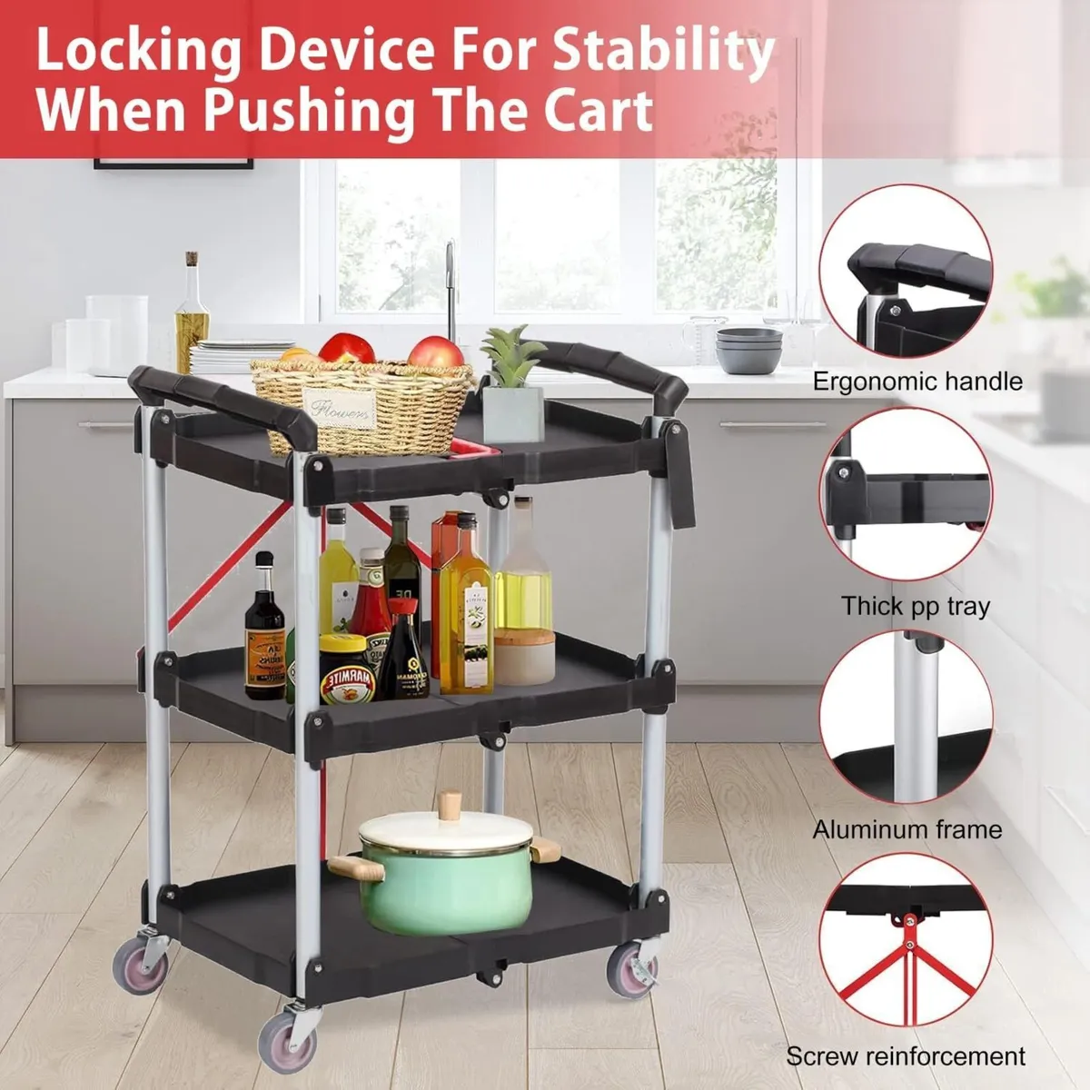 3-Tier Service Carts Folding Rolling Utility Cart - Image 4