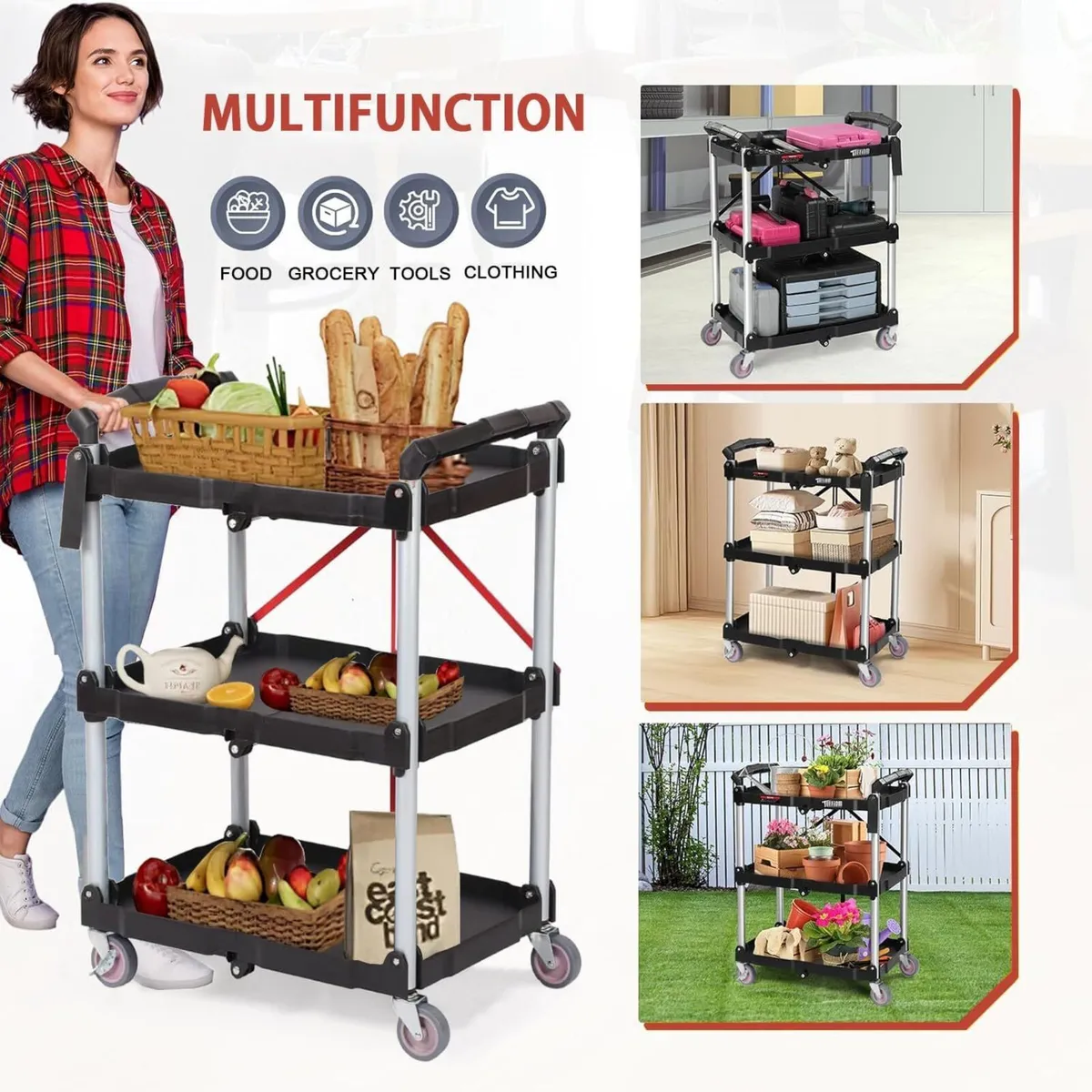 3-Tier Service Carts Folding Rolling Utility Cart - Image 2