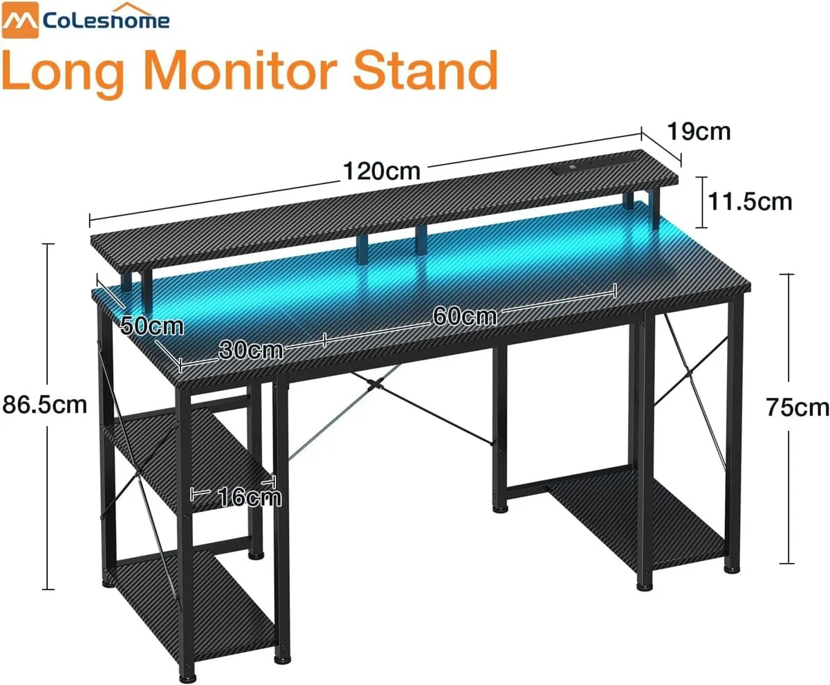 Gaming Desk with LED Lights 120x50CM Carbon - Image 3
