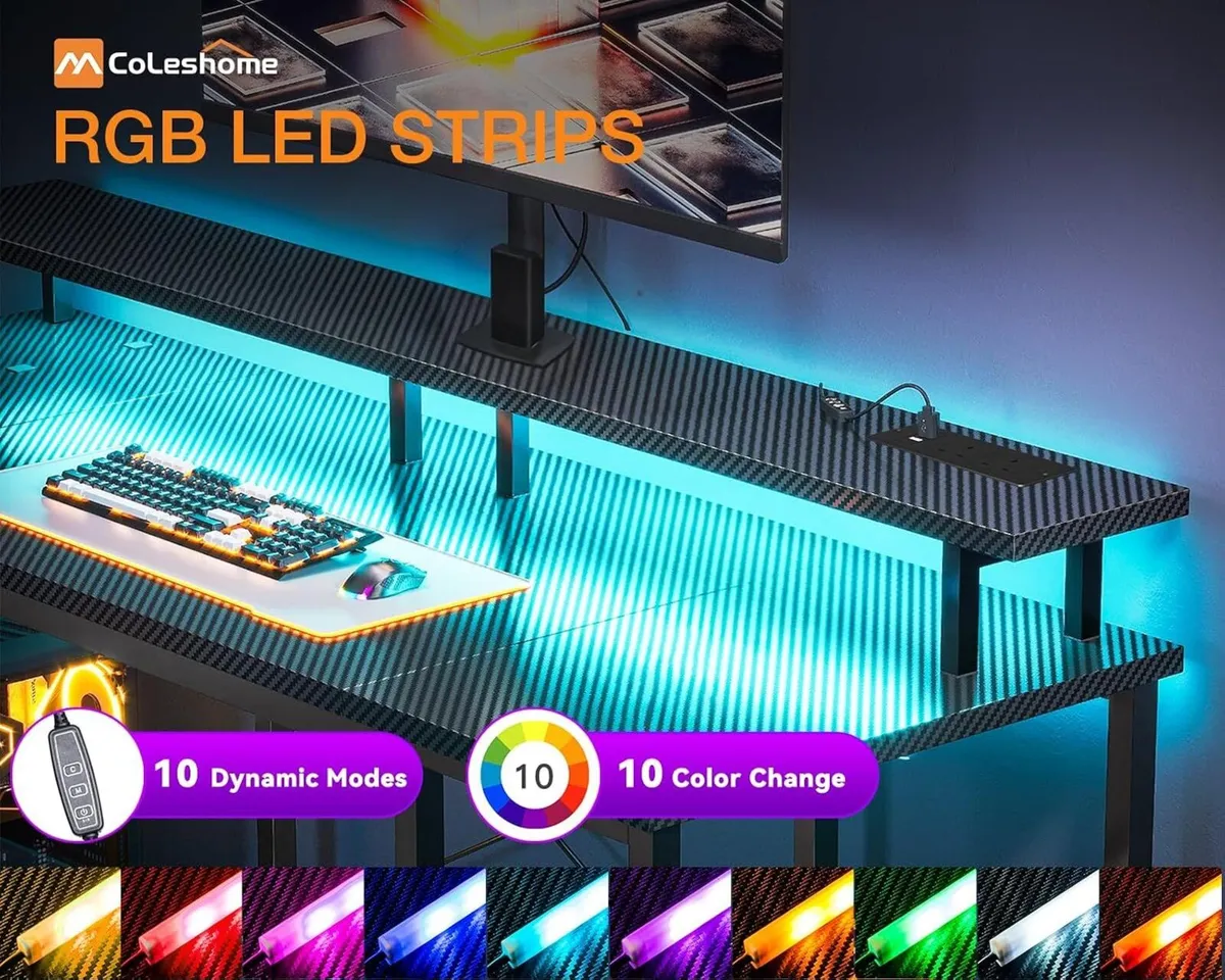 Gaming Desk with LED Lights 120x50CM Carbon - Image 4