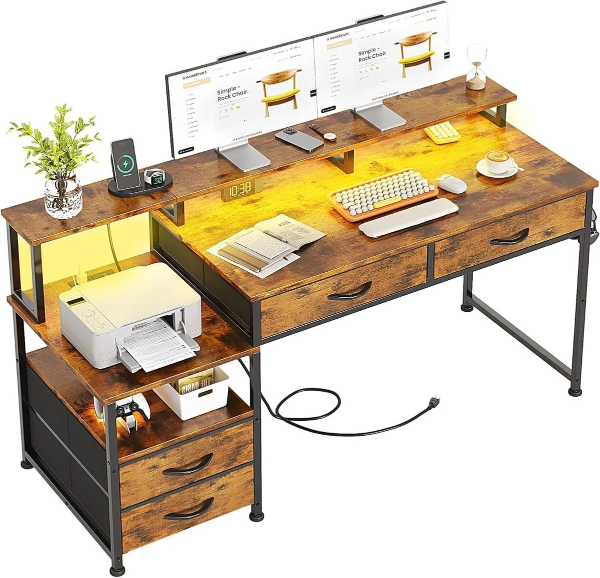 135CM Computer Desk with Power Outlet and Drawers - Image 1
