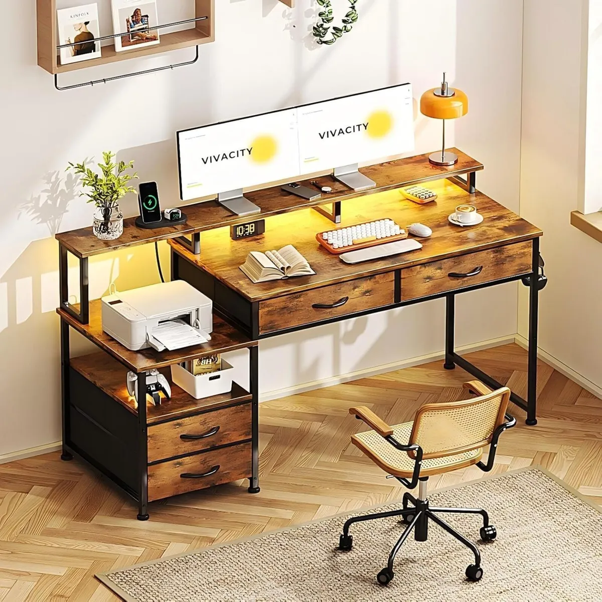 135CM Computer Desk with Power Outlet and Drawers - Image 2