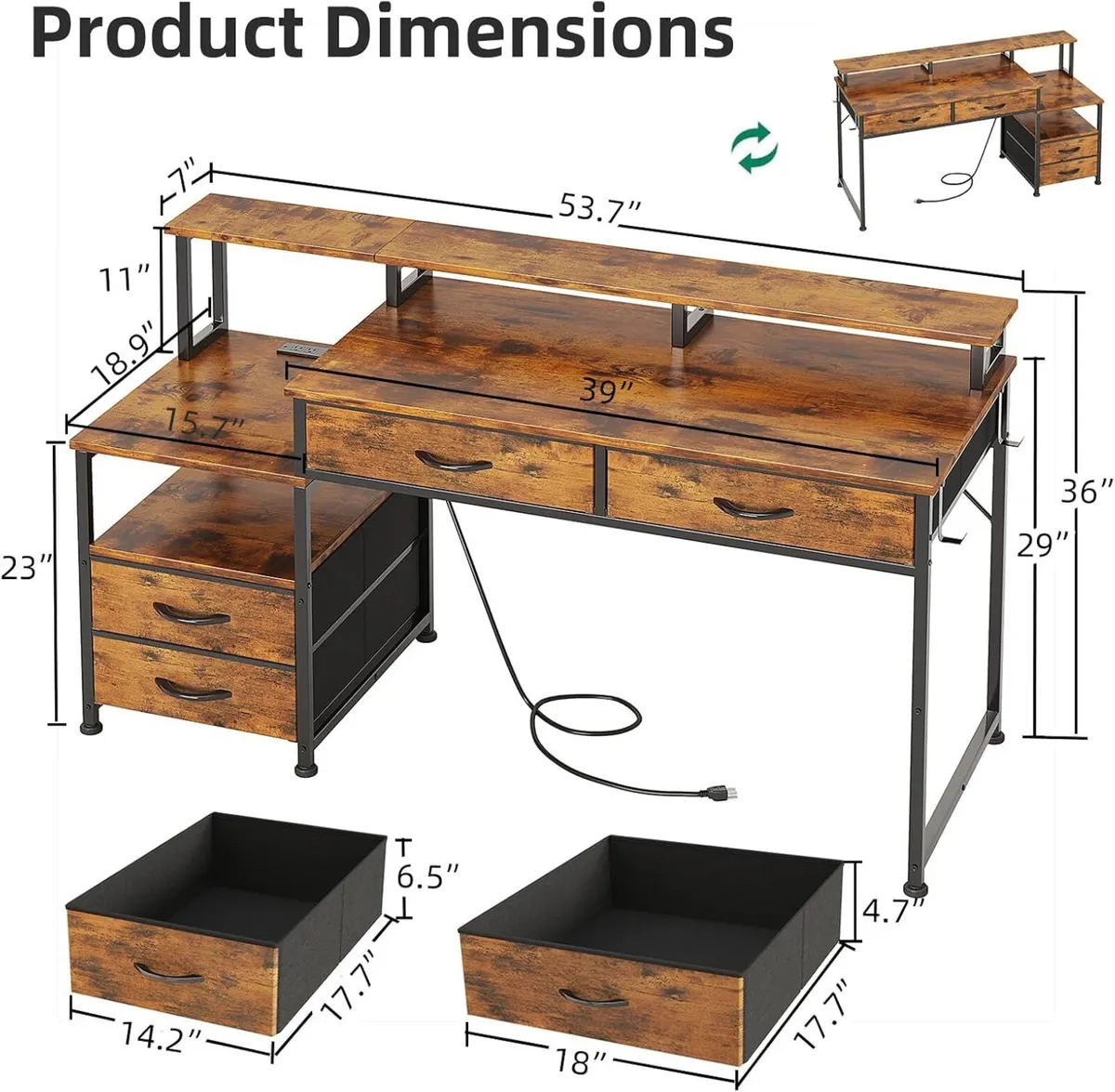 135CM Computer Desk with Power Outlet and Drawers - Image 3