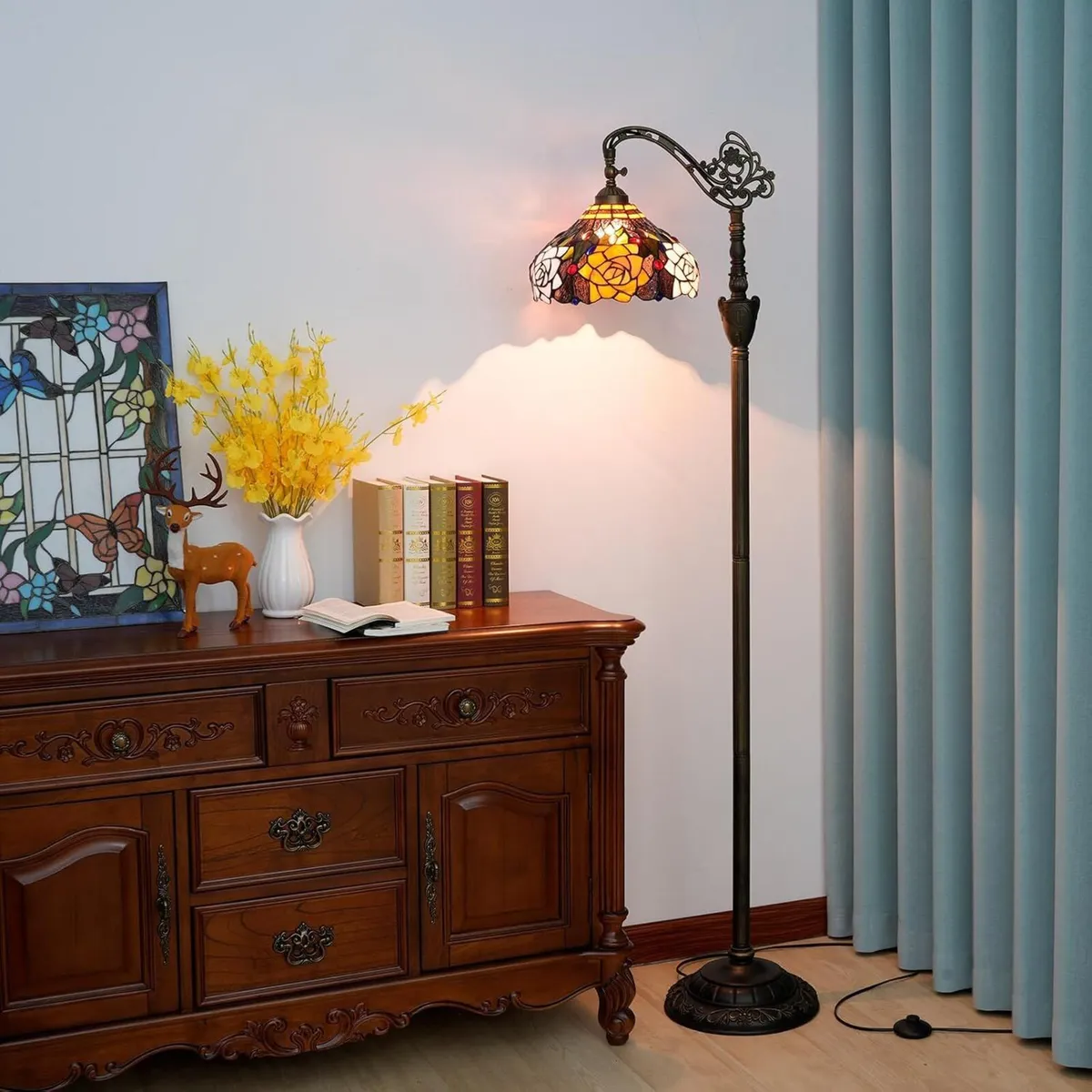 Tiffany Floor Lamp Vintage Standing Rose Flowers - Image 2
