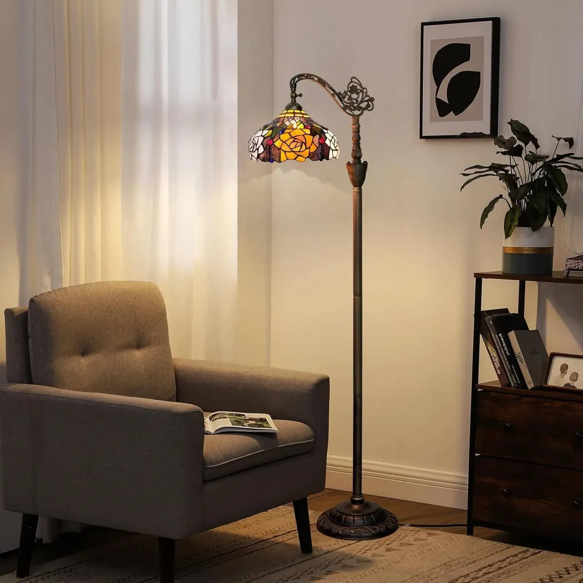 Tiffany Floor Lamp Vintage Standing Rose Flowers - Image 3