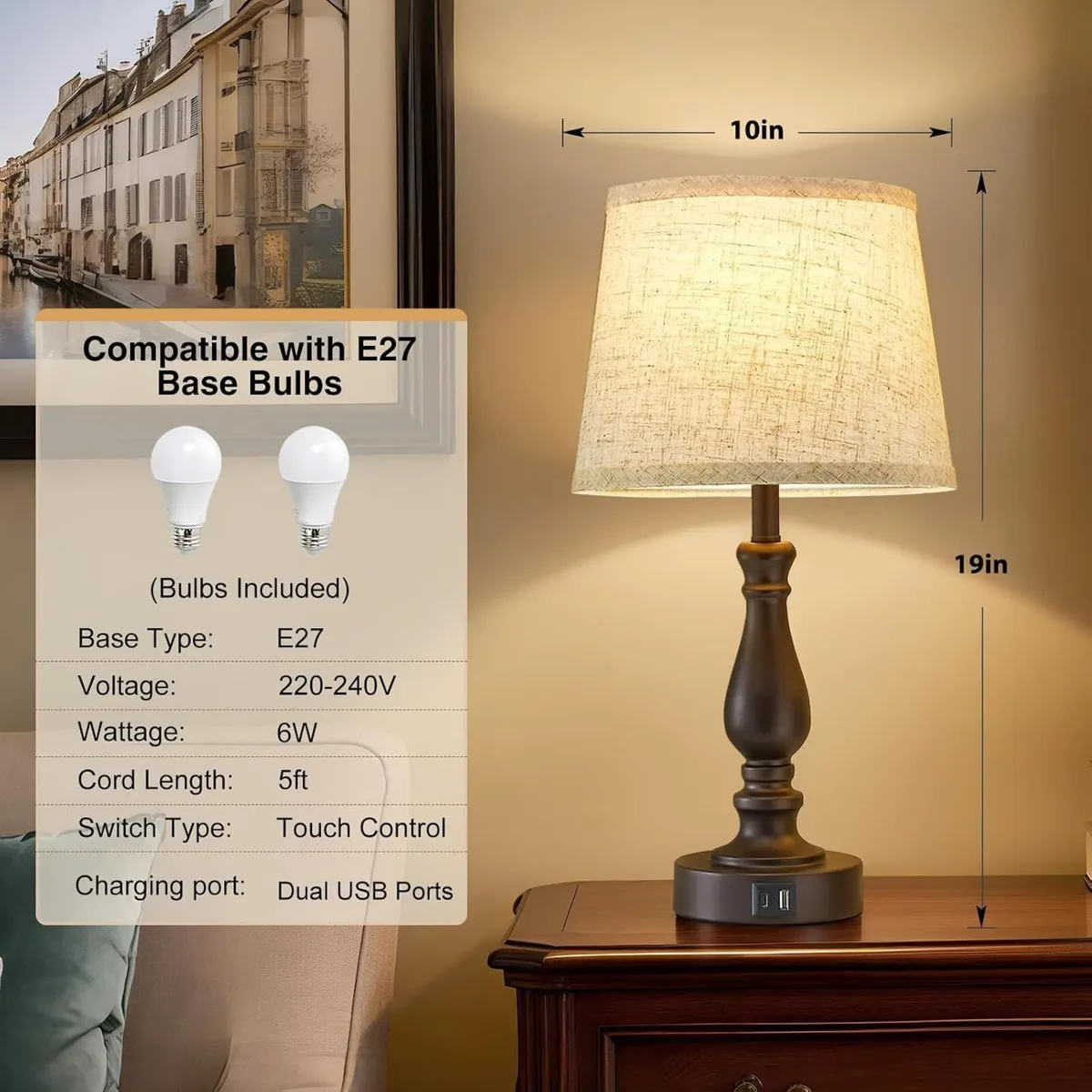 Table Lamp for Bedroom Bedside Lamps with Dual - Image 2
