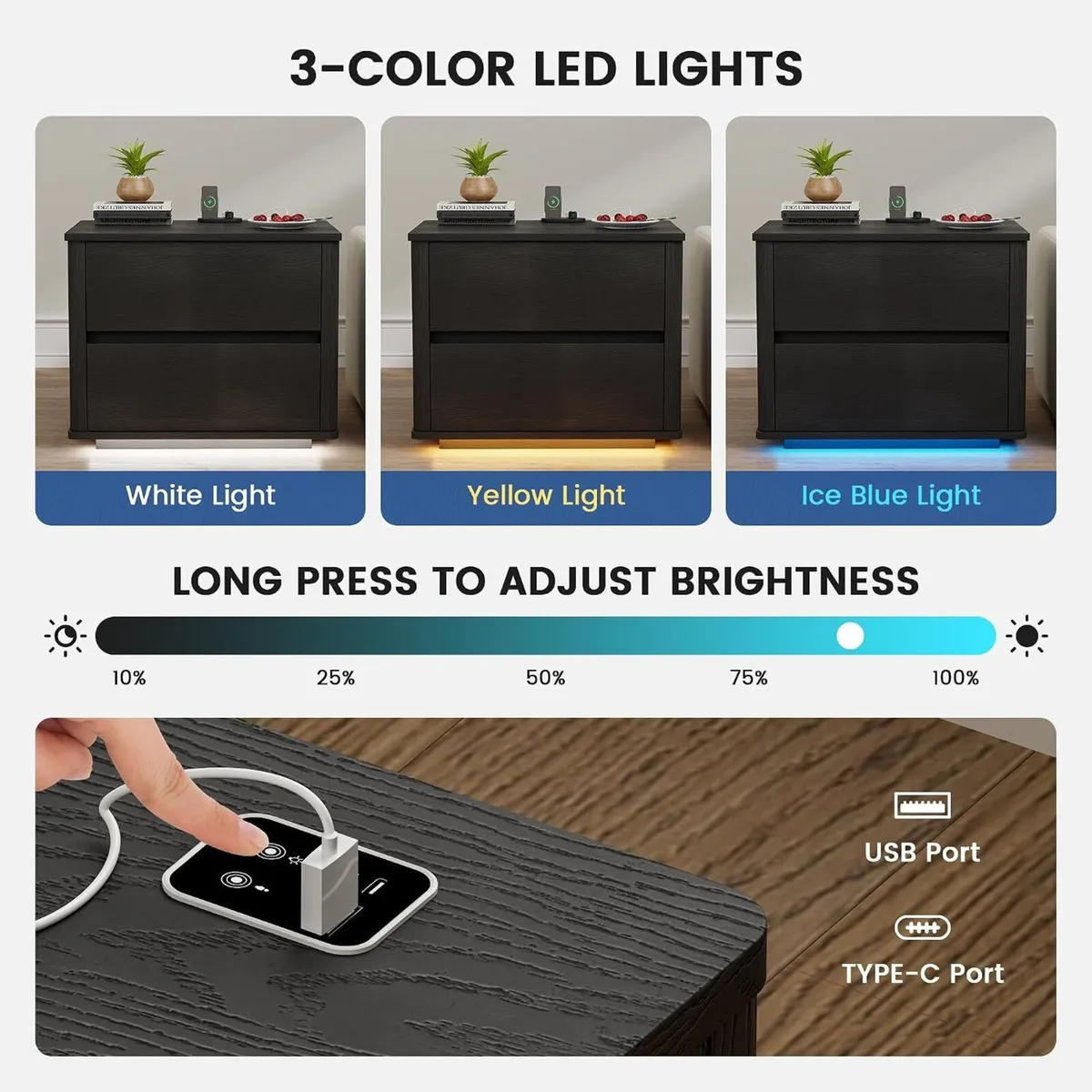 Modern LED Bedside Table with Charging Function - Image 3