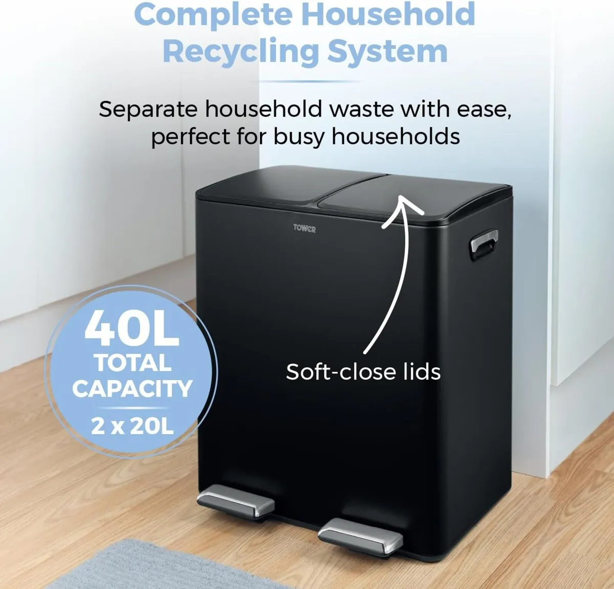 Recycling Pedal Bin Two 20L Compartments - Image 3