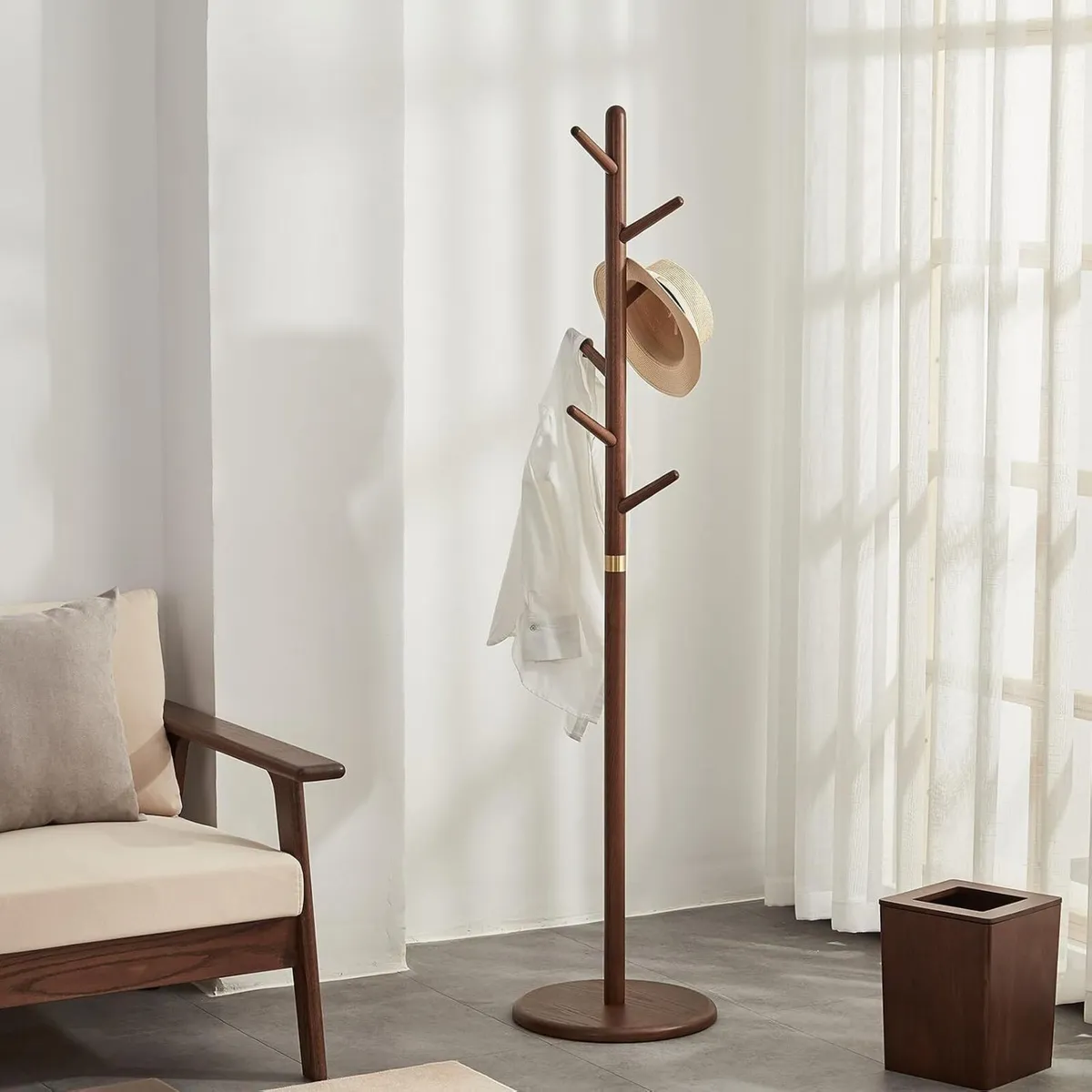 Solid Wood Coat Rack Freestanding 6 Hooks - Image 1