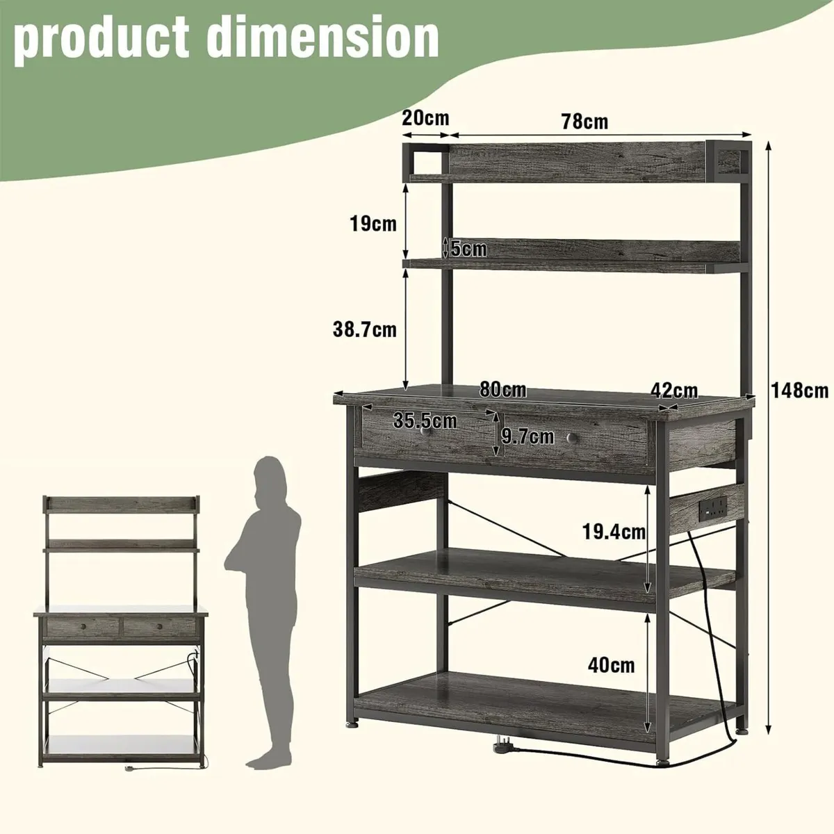 5-Tiers Bakers Rack Kitchen Storage Shelves with 2 - Image 3