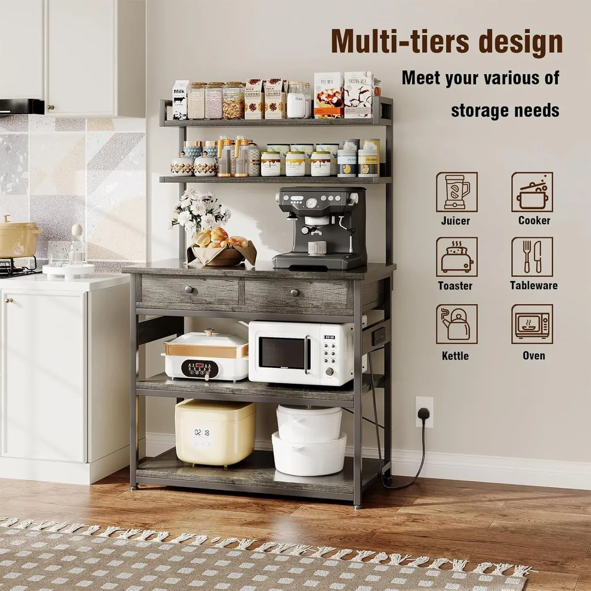 5-Tiers Bakers Rack Kitchen Storage Shelves with 2 - Image 4